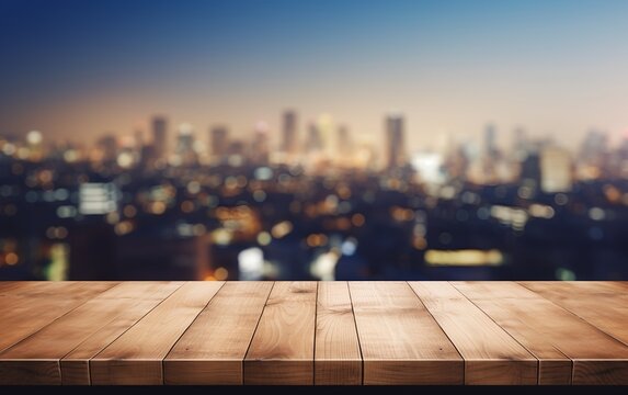 Wood table top with blurred Tokyo city night view background for website, copy space, for word, template, presentation