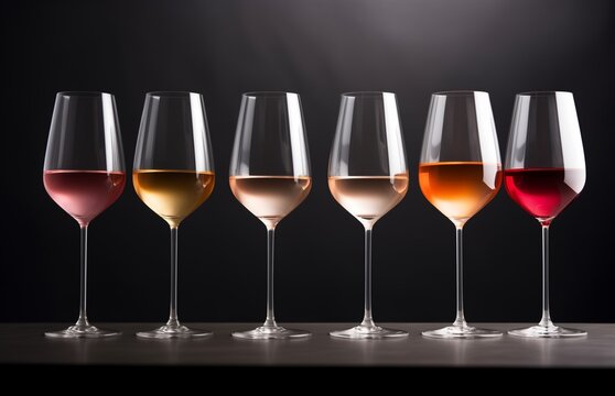 Glasses filled with different types of wine lined up, color photography.  