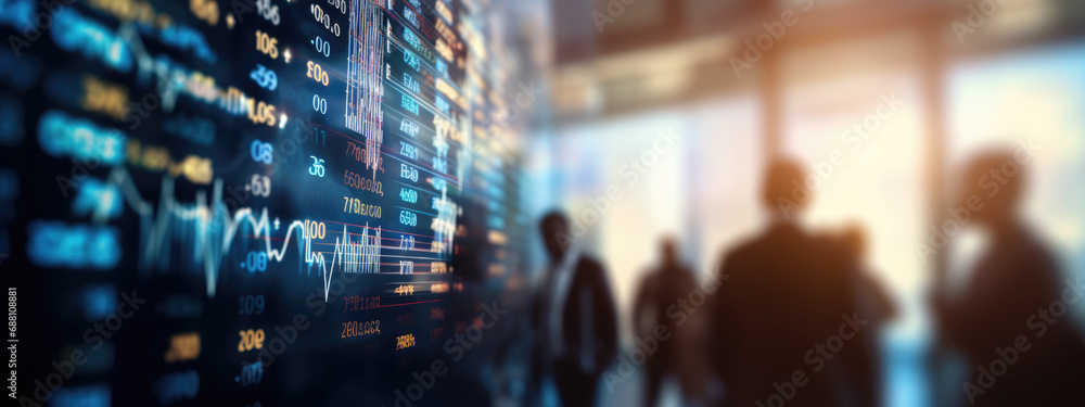 Aufkleber blurred scene of people in a city looking at a digital stock market display, indicating real-time tr