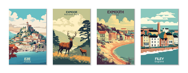 Vintage Travel Posters Set: Exmoor National Park, Exmouth, Eze, Filey