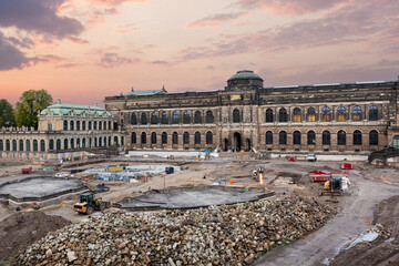 Dresden Zwinger palace king inner courtyard under reconstruction and renovation with dramatic...
