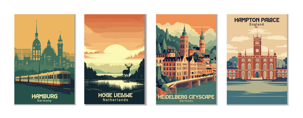 Vintage Travel Posters Set: Hamburg, Germany. Hampton Palace, England. Heidelberg Cityscape, Germany. Hoge Veluwe, Netherlands - obrazy, fototapety, plakaty