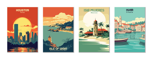 Vintage Travel Posters Set: Houston, Texas. Hvar, Croatia. Isla Mujeres, Mexico. Isle Of Wight