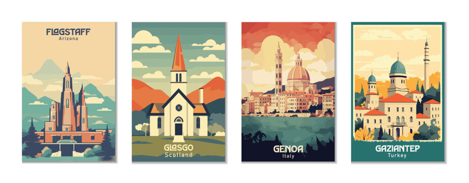 Vintage Travel Posters Set: Flagstaff, Arizona. Gaziantep, Turkey. Genoa, Italy. Glasgo, Scotland.