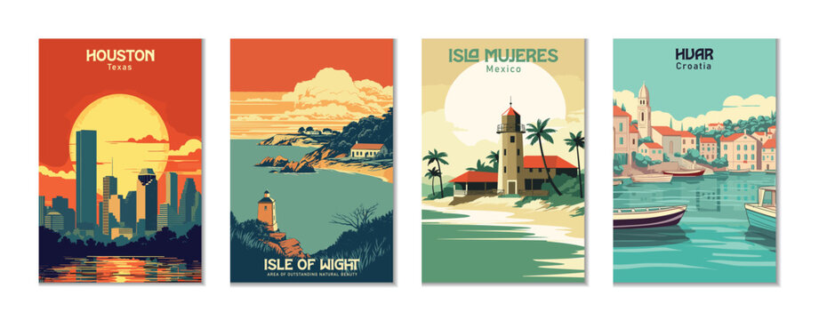Vintage Travel Posters Set: Houston, Texas. Hvar, Croatia. Isla Mujeres, Mexico. Isle Of Wight