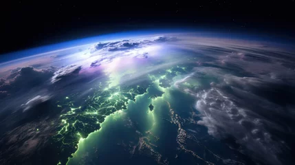 Papier Peint photo Aurores boréales Aurora borealis and electric jet seen from ISS
