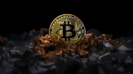 Bitcoin and some gold particles in soil - mining concept