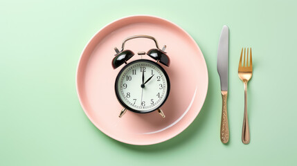 Clock placed on a plate flanked by a fork and a knife , symbolizing the importance of timing in...