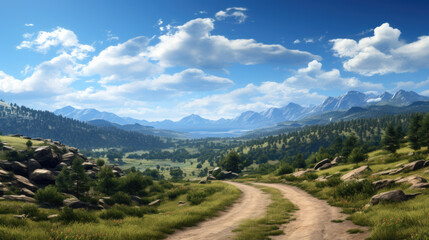 A dirt road in the background are mountains