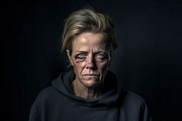 Beaten up middle aged woman, victim of domestic violence - obrazy, fototapety, plakaty
