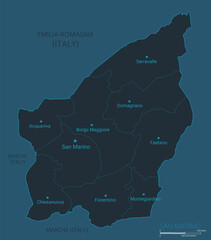 San Marino map. High detailed map of San Marino with countries, borders, cities, water objects. Vector illustration EPS10