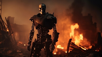 Fototapeta premium Rise of the machines - Robot Death on burning ruins