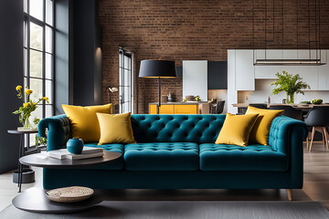 Loft home interior design of modern living room. Dark turquoise tufted sofa with virant yellow pillows. Medium angle