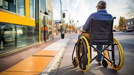Person in a manual wheelchair waiting at a public transport stop, highlighting urban accessibility and the integration of disability-friendly features in public transportation.