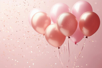 Pink, gold and white helium balloons, falling confetti
