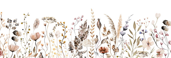 Border with watercolor border with autumn brown wild flowers and leaves, wedding illustration - obrazy, fototapety, plakaty