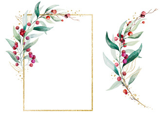Christmas bouquet and frame with watercolor twigs with green leaves and red berries. Holidays Illustration