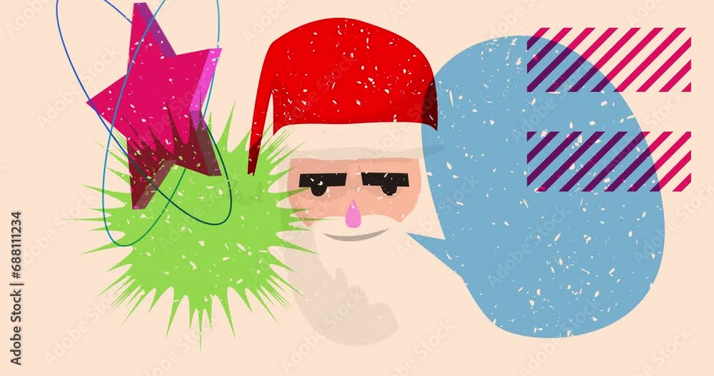 Poster risograph santa claus face with speech bubble geometric shapes animation. moving object in trendy ri