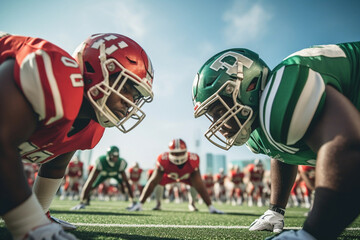 American Football Championship. Teams Ready: Professional Players, Aggressive Face-off, Ready for Pushing, Tackling. Competition Full of Brutal Energy, Power. Stadium Shot with Dramatic Light - obrazy, fototapety, plakaty