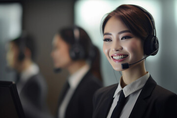  Customer service, happy and communication of woman at call center pc talking with joyful smile. Consultant, advice and help desk girl speaking with clients online with computer headset mic