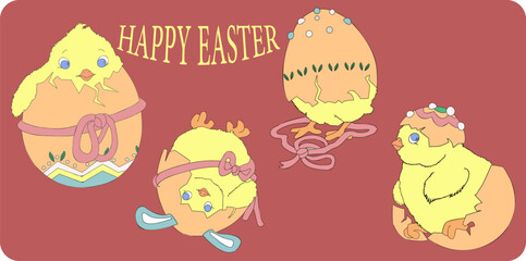 Obraz premium Chicken hatching stages. Newborn little cute chick, small baby bird emergence from egg, cracked shell in laying hens nest. Easter chicks concept. Happy easter