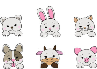 Funny Animal Vector illustration Icon Set. Cartoon cute animals for baby card and invitation. Cat, pig, rabbit, cow, dog, bear.