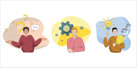 Business idea, plan strategy and solution concept. Business man having solution, ideas lamp bulb metaphor. Thoughtful student holding hand under chin thinking for solution gathering ideas.