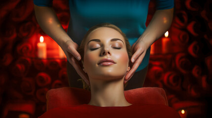 Naklejka premium In a close-up, a beautiful young lady relaxes as a cosmetician massages her face, highlighting the importance of skincare for a healthy, radiant complexion.