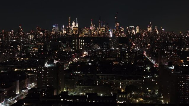 Aerial shot of The New York City skyline at night