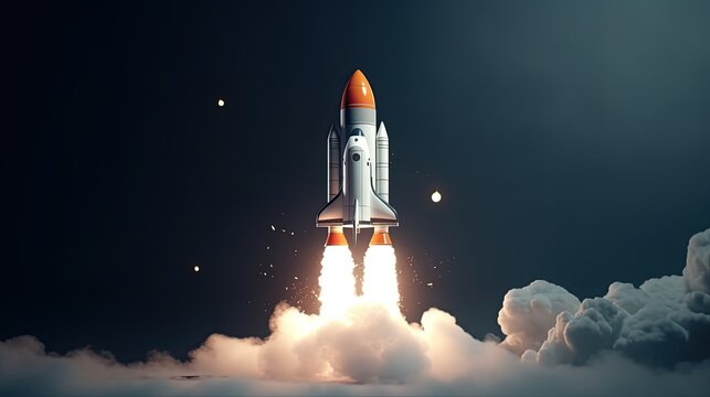 Startup rocket takeoff. 3D rocket launch up. Concept of starting business. Spacecraft with smoke