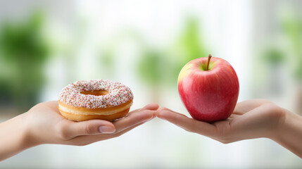 Two hands presenting a choice between a healthy green apple and an unhealthy pink sprinkled donut,...