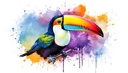 Colorful toucan bird with tropical flowers painted in watercolor style with splash of paint isolated on white background. Tropical travel vacation cute cartoon , exotic jungle graphic resource by Vita