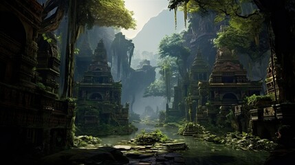 Ruins of ancient city in jungle. Old ruined buildings in forest. Archaeology and history. - obrazy, fototapety, plakaty