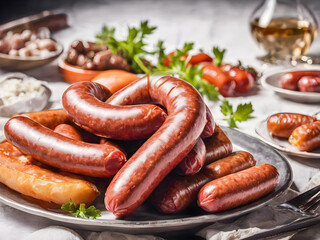 Fototapeta premium Grilled sausages with garlic and parsley on a plate