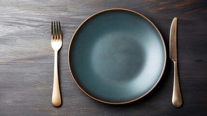 Plate with cutlery and frame on table