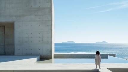 Woman Enjoying Ocean View from Building Terrace