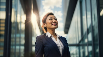 Fototapeta premium Happy middle aged business woman ceo standing in outside an office building . Smiling mature confident professional executive manager, proud lawyer,looking up, concept of career advancement