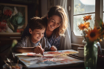Young mother teaching her four year old son to draw at home. Woman spending quality time with her toddler child.
