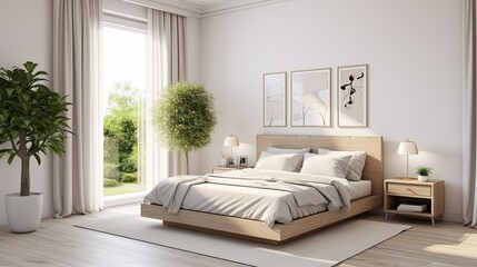 Living room, respectable apartment in Scandinavian neoclassical style. Bedroom with bed.
