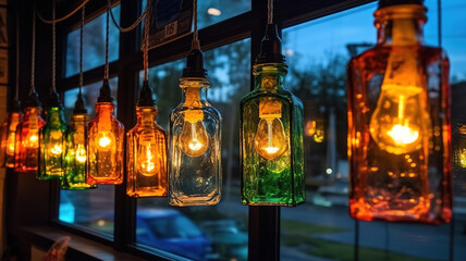 Lanterns made of glass bottles and Edison lamp bulbs, DIY lamps made from recycled