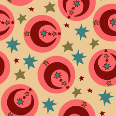 Starry night seamless pattern with moon, stars and clouds. Boho style decorative background for wallpaper, digital paper, wrapping design, fashion fabric, textile print. Hand drawn illustration.