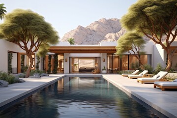 Swimming pool in a private luxurious villa. AI generated image.