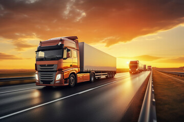Generic big trucks speeding on the highway at sunset - Transport industry concept , big truck containers.