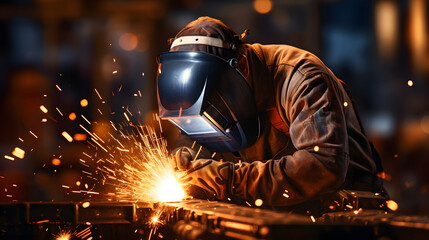 The welder is welding metal in an industrial setting with a bokeh and sparkle background,