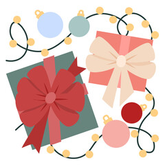 Layout of Christmas gifts, garland and Christmas balls