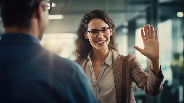 Cheerful businesswoman wearing eyeglasses and a business suit, raising her hand in a greeting an office meeting, with colleagues