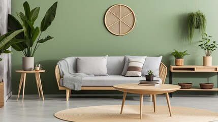 Minimalist interior design in retro style. Scandinavian living room design composition. Sofa, coffee table, indoor plants and personal accessories.