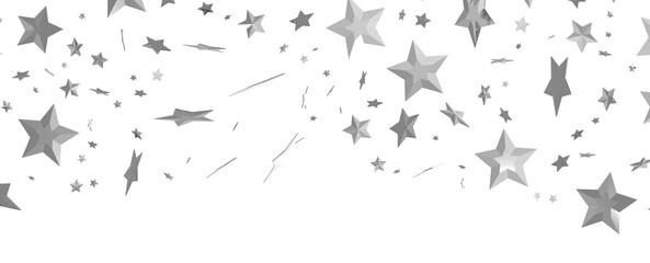 Abstract pattern of random falling silver stars on transparent background.