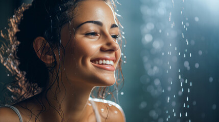 
A beautiful young woman indulges in refreshing water spray. This image emphasizes the concept of...