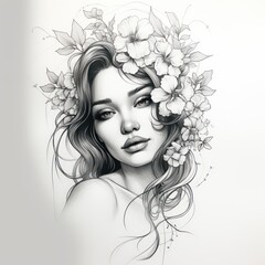 Sketch for a tattoo. Pencil drawing of a beautiful girl